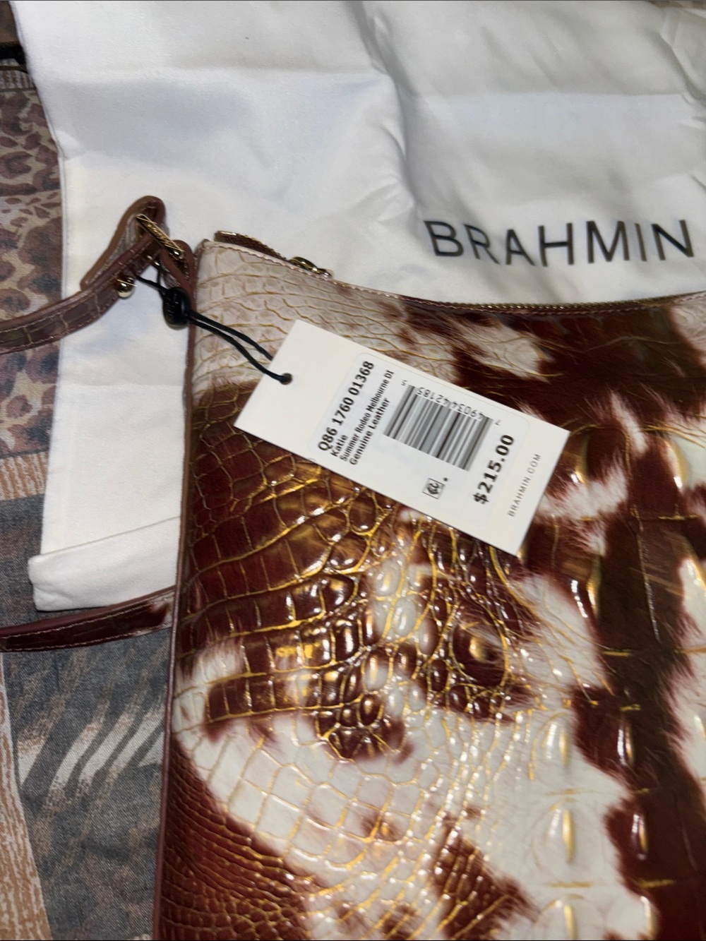 Brahmin Brown and Cream Croc-Embossed Leather Crossbody